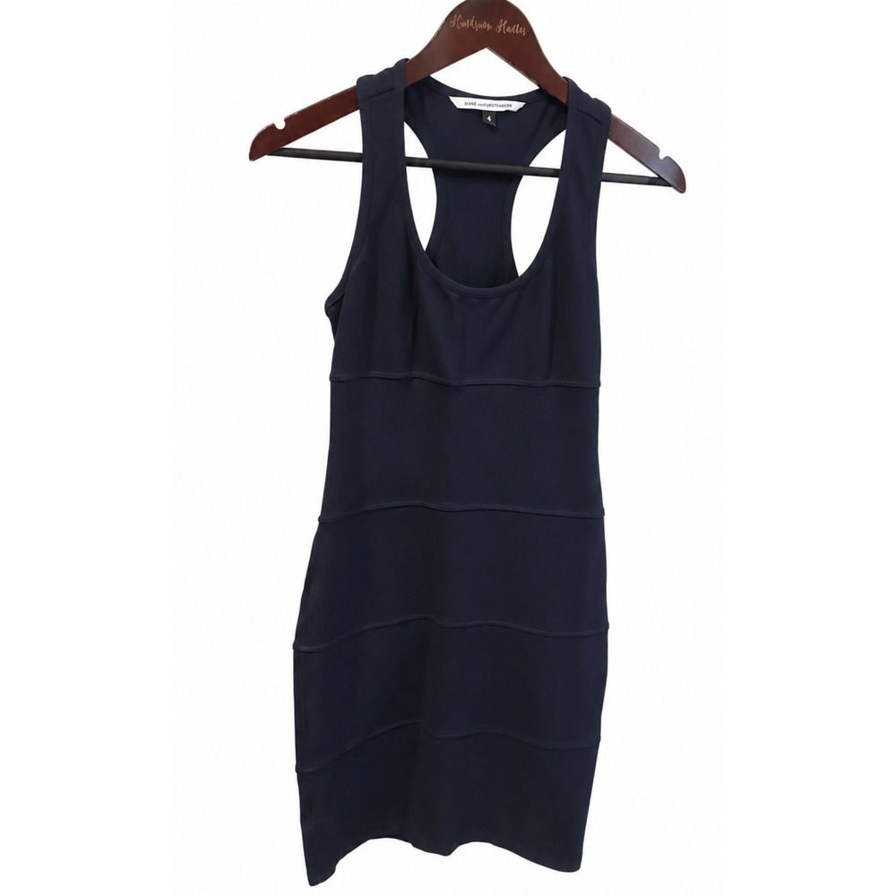 Diane von Furstenberg Bodycon Dress Women 4 Navy Blue EUC Racerback Tiered Seam